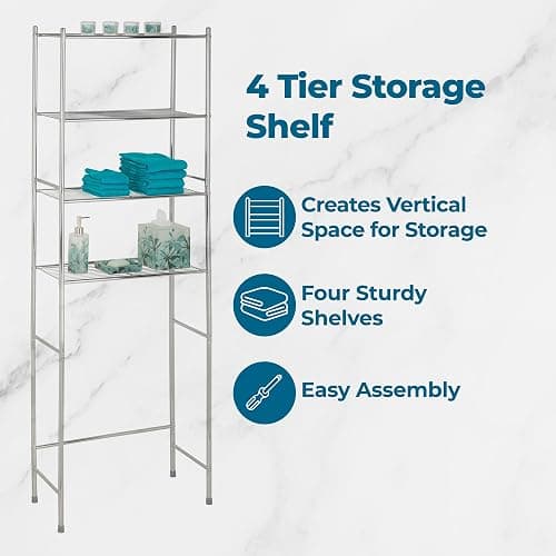 Honey-Can-Do 4-Tier Over-The-Toilet Storage Shelf - Space-Saving Steel Bathroom Restroom Organizer with Neutral Chrome Finish, Ideal for Towels, Toiletries, & Essentials - 24"W x 68"H x 11"D thumbnail 4