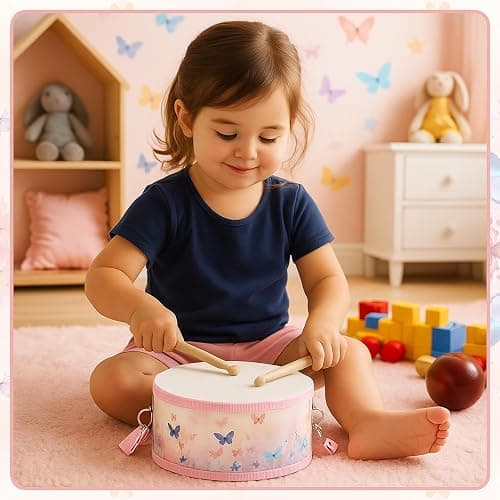 Boao 1 PC Kids Drum Set, 8 Inch Toddler Drum Wooden Toy with Adjustable Strap and 2 Drumsticks, Educational Sensory Musical Instrument for Toddlers Kid Baby Boys Girls Gift(Butterfly) thumbnail 7