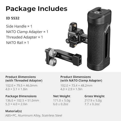 SMALLRIG Kit de Mini-Poignée Latérale Légère avec Trous Filetés 1/4"-20 et Pince OTAN, Capacité de Charge Jusqu'à 10 kg, Poignée Ergonomique pour Appareil Photo, pour Gaucher ou Droitier - 5532 thumbnail 7