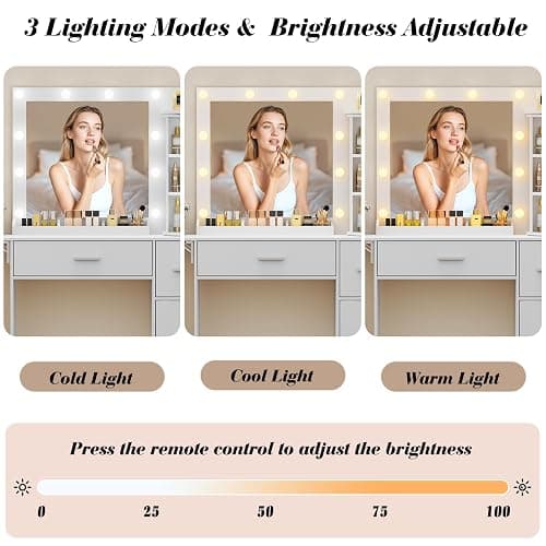 EasyCom Vanity Desk with Rotating Jewelry Organizers, Makeup Vanity with Mirror and Lights, Dressing Table with USB-C Charging Station, 2 Drawers and 1 Cabinets for Bedroom, Dressing Room, White thumbnail 7
