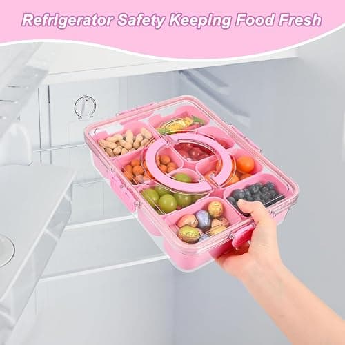 WGBP Snackle Box Container, 8 Compartment Divided Serving Tray with Lid and Handle, Snack Box Container for Candy, Fruit and Snacks, Great for Gatherings, Outings, Parties and Entertaining（Pink） thumbnail 5
