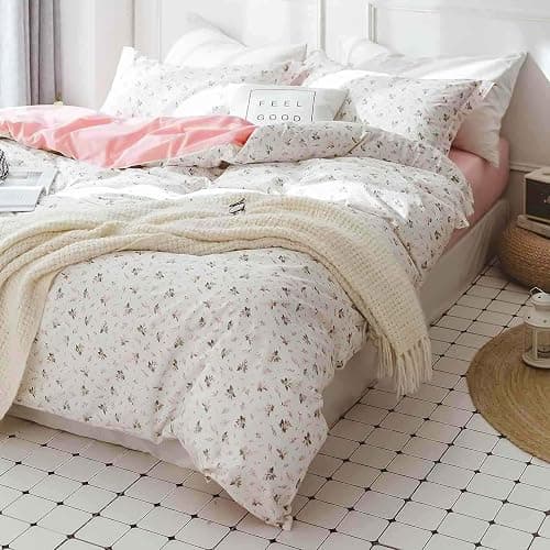 Faincy Floral Twin Size Comforter Set, Pink White Flower Leaf Pattern Printed Preppy Reversible Alternative Bed Sets - 68 x 90 2PC Soft Microfiber Duvet Vintage Bedding in a Bag for Women Girls thumbnail 4