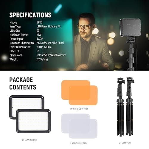 NEEWER Basics 2 Pack LED Video Light Panel Lighting Kit, Bi Color Dimmable Portable Studio Lights with Stands & Filters, 3200K-5600K 750lux CRI95 for Video Recording Live Streaming Photography, BP66 thumbnail 8