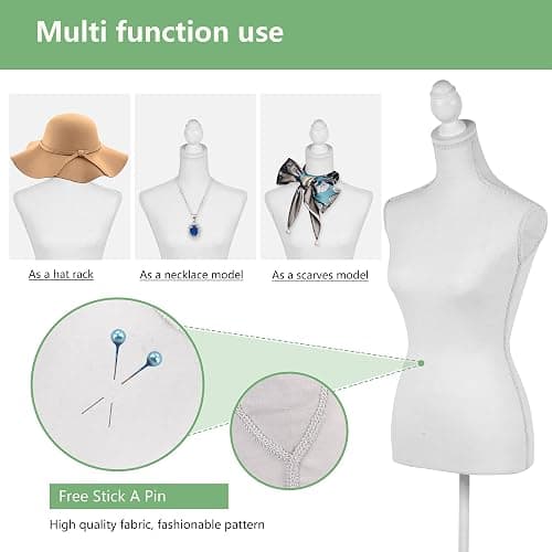 Female Mannequin,Dress Form Torso Manikin with Wooden Tripod Stand, 60-67 Inch Height Adjustable for Sewing Clothes Jewelry Display (White)… thumbnail 5