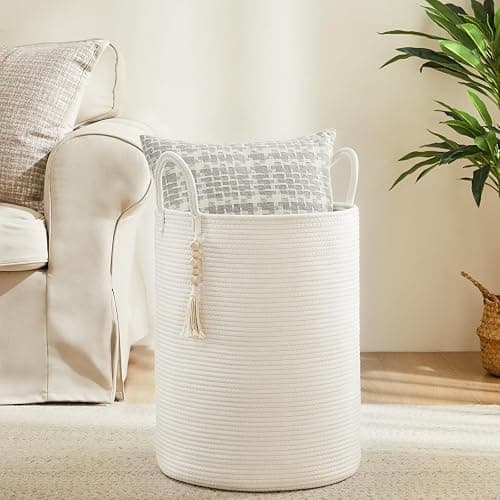 Fiona's magic Woven Rope Laundry Hamper, Tall Laundry Basket for Blanket Storage, Large Dirty Clothes Hamper for Toys, Decorative Baby Nursery Hamper for Bedroom, Living Room - White, 58L thumbnail 6
