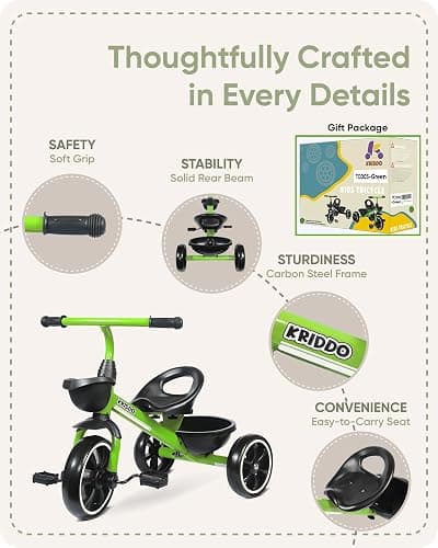 KRIDDO Tricycles Age 24 Month to 4 Years, Toddler Kids Trike for 2.5 to 5 Year Old, Gift for 2-4 Year Olds , Green - Green thumbnail 5