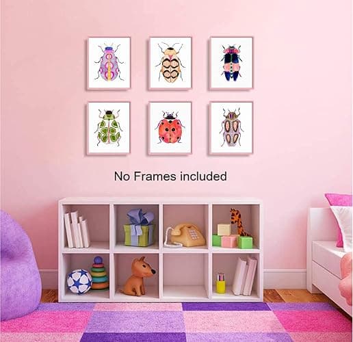 Colorful Insect Wall Art Prints,Watercolor Blue Beetle Ladybug Canvas Painting Colorful Insect Wall Art Poster for Kids Baby Room Decoration Home Decor Picture,Set of 6 (8"X10"inches,Unframed). thumbnail 2