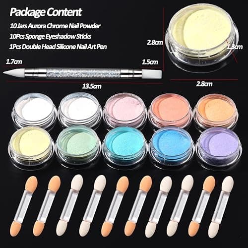 SUTOZMIWE 10 Colors Mermaid Pearl Chrome Nail Powder, Iridescent Aurora Powder Metallic Mirror Effect Pigment Pearlescent Nail Art Glitter Dust Kit for Gel Polish Nail Art Decoration thumbnail 3