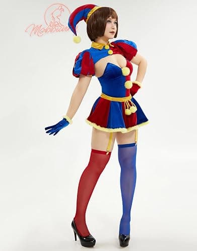 Mobbunny Women's Clown Cosplay Costume Circus Clown Bodysuit Blue Red Bodysuit and Mini Skirt with Gloves and Hat thumbnail 2