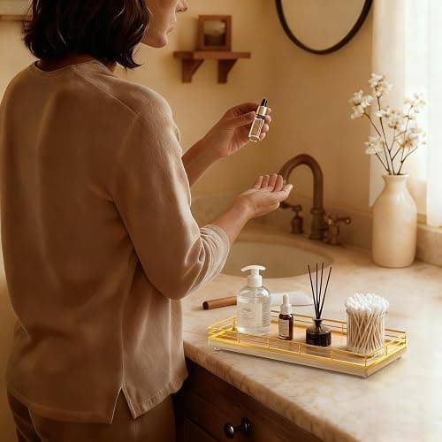 Bathroom Vanity Tray for Countertop, 12" x 6" Oak Wood Toilet Tank Tray with Metal Guardrail, Bathroom Organizer for Soap, Perfume & Skincare, Non-Slip Decorative Tray for Dresser, Gold & Natural Oak thumbnail 6