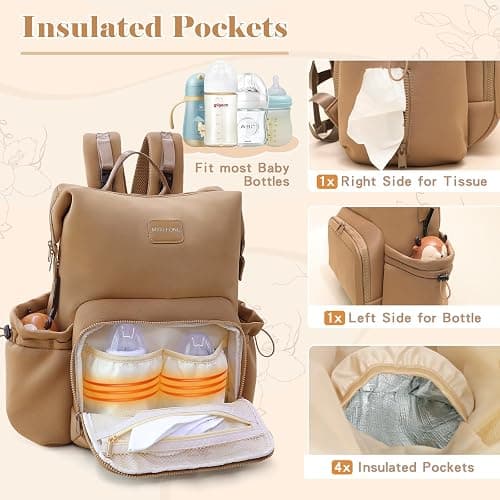 miss fong Diaper Bag Backpack - Baby Diaper Bag Neoprene Bag Large Capacity Neoprene Backpack with Diaper Changing Pad Travel Diaper Backpack Baby Backpack with 12 Pockets for Mom & Dad-Brown thumbnail 4