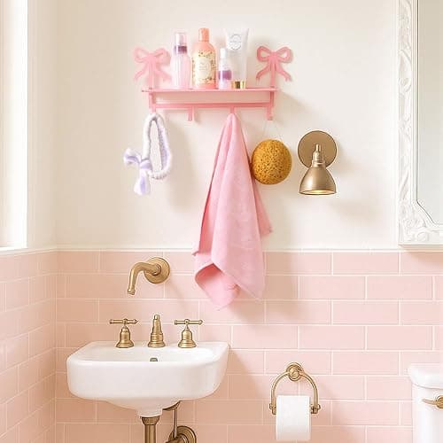 Otoolling Wall Hooks with Shelf Pink Bow Key Holder Metal Coat Clothes Rack Wall-Mounted Entryway Hanging Shelves with 5 Metal Hooks Cute Coquettish Room Wall Decor for Nursery Room Bedroom Kitchen thumbnail 2