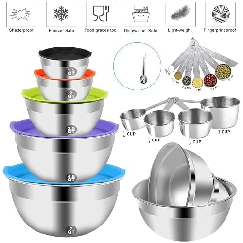WEPSEN Mixing Bowls with Lid Set, 25PCS Kitchen Utensils Metal Bowl Stainless Steel Nesting Bowls, Measuring Cups and Spoons, Egg Whisk for Baking Prepping Cooking Serving Supplies thumbnail 6