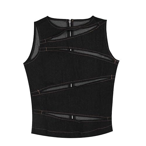 MINGSEECESS Women Sexy Irregular Hollow Out Cutting Denim Crop Tank Top Sleeveless Back Zipper Vest Clubwear thumbnail 6