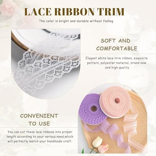 Lace Trim Ribbon lace Fabric Vintage Pattern Roll Ribbons - Perfect for Gift Wrapping, Crafts,Flower Design,Sewing, and Party Decorations (White, 50 Yards) - white - 50 Yards thumbnail 6