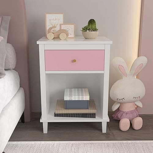 Nightstand with Drawer for Kids, Adults, Wood Bed Side Table with Storage Shelf, Night Stand for Bedroom, 2-Tier Storage End Table for Living Room, White + Pink thumbnail 6