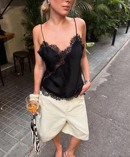 Women Lace Trim Satin Tank Top V Neck Silk Camisole Tops Asymmetrical Backless Spaghetti Strap Tank Cami Shirts thumbnail 3