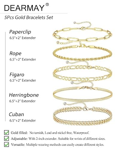 Dearmay Gold Bracelets for Women Waterproof, 14K Gold Plated Minimalist Bracelets Stack Non Tarnish Trendy Dainty Herringbone Vintage Cuban Paperclip Rope Thin Box Link Chain Stackable Jewelry Sets Modern Fashion Accessories Gifts for Womens thumbnail 6
