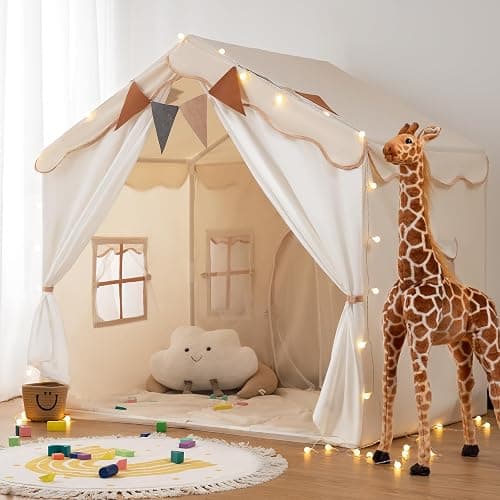 besrey Kids Tent, 2 in 1 Play Tents with Padded Mat and Lights, Large Playhouse for Kids with 2 Doors & 4 Windows, Kids Play Tent House Indoor & Outdoor, Toddler Tent for Girls Boys - Image 1