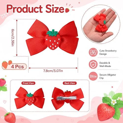 4 Pcs Strawberry Hair Clips Cute Sweet Cherry Hair Bows | Strawberry Hair Accessories for Baby Toddlers Girls Teens Christmas Halloween thumbnail 2