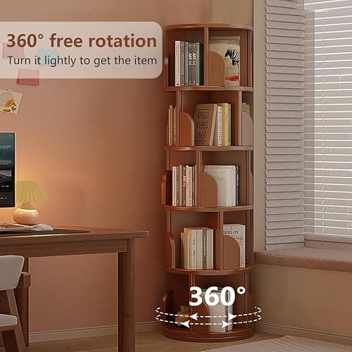 Revolving Bookcase, Rotating Bookshelf Tower, 360° Display Standing Book Shelf Organizer, Freestanding Wooden Corner Bookshelves Storage Rack for Small Space, Living Room, Bedroom (5-Tier) thumbnail 4