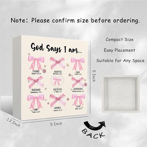 Nrleey Coquette Bow Wooden Sign - Coquette Room Decor, Pink God Says I Am Wooden Box Signs, Preppy Coquette Bow Bible Verse Decor, Inspirational Christian Gifts for Women, 5 X 5 Inches thumbnail 3