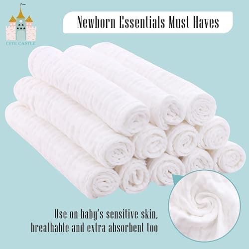 Cute Castle 12 Pack Muslin Burp Cloths for Baby - Ultra-Soft 100% Cotton Baby Washcloths - Large 20'' by 10'' Super Absorbent Milk Spit Up Rags - Burpy Cloths for Unisex, Boy, Girl - White thumbnail 5