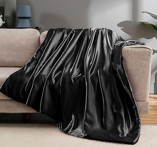 Vonty Satin Throw Blanket Black Satin Blankets 50x60 Inches(with Small Flowers), Cooling & Silky Throw Blanket Wrinkle-Free Cable Knit Blankets for Coush Sofa Bed Outdoor - 50" x 60" - Black