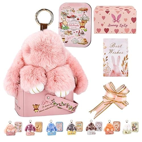 Bunny Keychain with Tin Box Soft Plush Handmade Rabbit Keychain with Best Wishes Card & Ribbon Bag Charm - Image 1