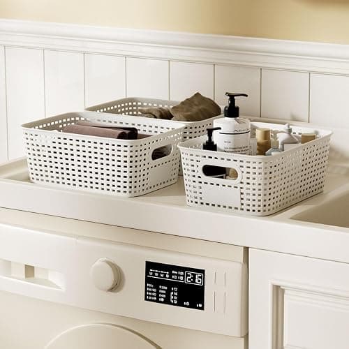 Plastic Storage Bins with Bamboo Lid - Plastic Storage Baskets with Lid - Stackable Container with Lable for Organizing: Small Storage Box for Shelves Office Cabinet Drawer ,10x7.2x4 In - White 6 Pcs thumbnail 9