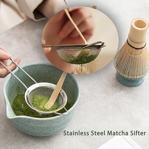 Ochcahser Matcha Kit Set, Matcha Whisk Set Includes Matcha Bowl And Holder, Bamboo Matcha Whisk, Scoop and Matcha Sifter, 17 oz Mottled Blue Glaze Ceramic Matcha Kit for Tea Lovers thumbnail 2