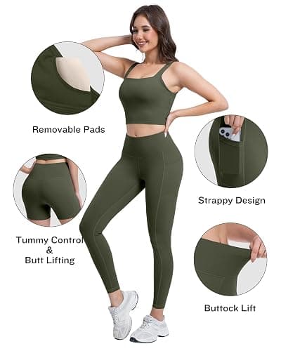 SALSPOR 3 Piece Workout Sets for Women High Waisted Leggings with Pockets Tummy Control Biker Shorts Yoga Sports Bra thumbnail 2