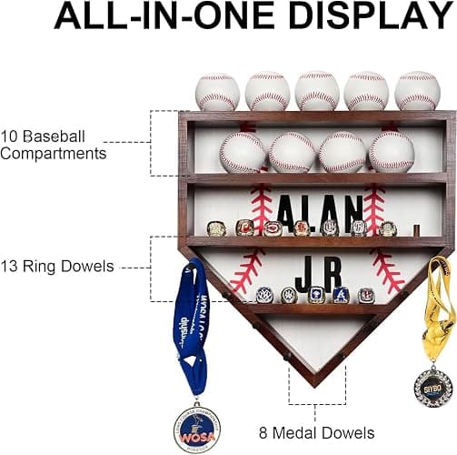 Westant Baseball Ring Display Case - 17" Wooden Baseball Ring Holder, Wall Mount Baseball Case Display for Balls, Rings, Medals, Trophies - One Case for All Memorabilia thumbnail 5
