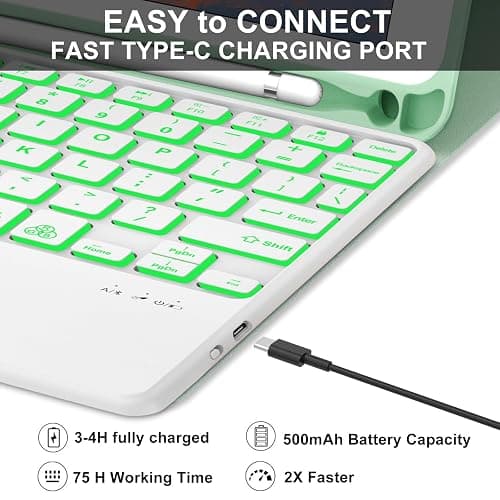 for iPad Keyboard case 9.7 inch, iPad 6th Gen (2018), iPad 5th Gen (2017), iPad Air 2 (2014), Multi-Touch Trackpad, Detachable Backlit Folio Keyboard Slim Cover with Pencil Holder，Green thumbnail 6