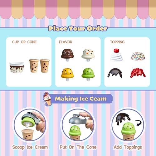 Carrello per Gelato in Legno Con Giocattoli, Camion di Cibo per Fingere di Giocare, Accessori da Cucina Con Ghiacciolo, Paletta e Menù, Regalo per Ragazze thumbnail 5