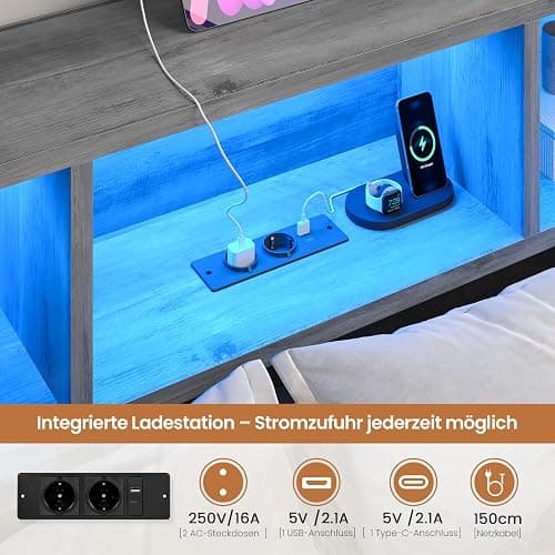 DICTAC Jugendbett 140x200 mit LED-Beleuchtung und Ladestation, Schlafsofa 140 x 200 mit stauraum-6 Staufächern und 2 Schubladen, Tagesbett mit Lattenrost aus Metall, Eichenasche | LED-Beleuchtung thumbnail 6
