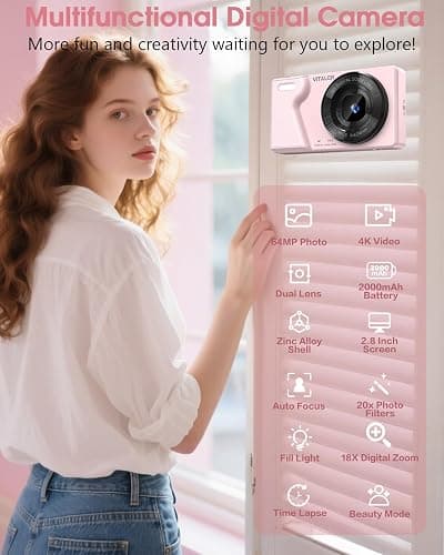 4K Digital Camera with Front Rear Lens, Autofocus and 32G Card, Metal Shell | Built-in 2000mAh Battery, Non-Slip Handle,64MP with Flash, 2.8" Screen, 18X Zoom for Beginner Teens Adult, Party,Travel, Pink thumbnail 3