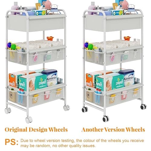 3-Tier Baby Diaper Caddy Cart Organizer,Mobile Nursery Organization with Wheels,with 2 Dividers & 14 Mesh Pockets Durable Metal Utility Cart for Nursery, Bedroom, Bathroom Essentials Organization - 17"Wx11"Dx32.45"H - White thumbnail 7