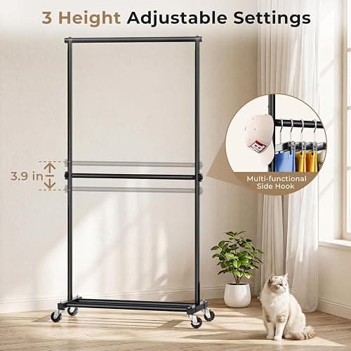 JIEJIERUI Double Rod Clothes Rack, 35" Wide Rolling Rack for Clothes, Portable Clothing Racks for Hanging Clothes, Metal Garment Racks with Wheels for Bedroom Laundry, Black thumbnail 9