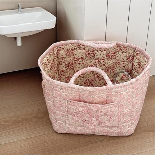 Boho Fabric Storage Basket Quilted Floral Print Baskets Organizer Bin with Handles for Home, Picnic, Shopping (Pink, L) thumbnail 2