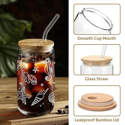 Mikopei Beach Gifts for Women - Ocean Animals Glass Cup with Lid and Straw, Cleaning Brush, Beach Room Decor, Coastal Decor for Home, Beachy Decorations, Iced Coffee Cup Tumbler, 16 oz thumbnail 5