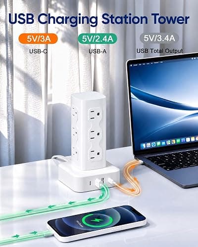 Power Strip Tower Surge Protector(2000J), Flat Plug Charging Station Tower with 12 AC Outlets & 4 USB Ports(2 USB C), 6FT Extension Cord for Home Office Dorm, White thumbnail 2