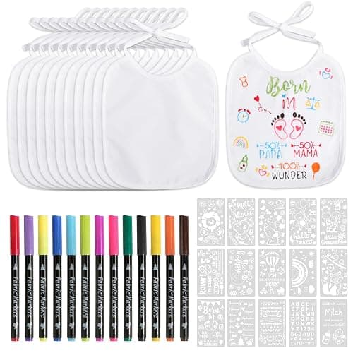 BOOMTOP 12 Baby Lätzchen zum Bemalen Babylätzchen Baumwolle mit 15x Malen Schablonen 12x Textilstifte Babyparty Deko Spiele Wasserdicht Lätzchen für Babys Junge Mädchen Babyshower Tiere Malvorlagen thumbnail 7