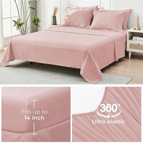 HYMOKEGE Rose Gold Queen Comforter Set, Seersucker Bed in a Bag Queen 7 Pieces, All Season Luxury Bedding Set with Comforters, Sheets, Pillowcases & Shams thumbnail 6