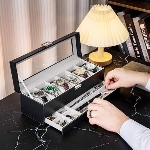ProCase Watch Box for Men, 6 Slot Watch Display Case with Drawer, Mens Watch Case With Glass Lid, 2-Layer Jewelry and Watch Storage Watch Holder Organizer for Men Women -6 Slot, Black - 6-Slot - Black thumbnail 6