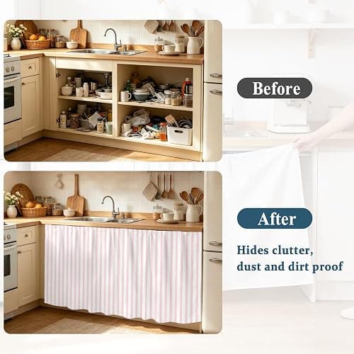 *BOUGHT* Pink Striped Cabinet Curtains for Kitchen Modern Stripes Farmhouse Rustic Simple Utility Sink Skirt, Under Sink Curtain for Laundry Room and Wider Cabinets, 35" W x 35" L thumbnail 5