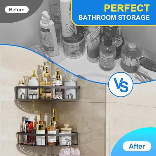 Kerisgo Corner Shower Caddy, 2 Pack Adhesive Bathroom Shower Corner Organizer Shelf, No Drilling Rustproof Wall Mounted Shower Storage Rack Shampoo Holder Organizer (Black) thumbnail 3