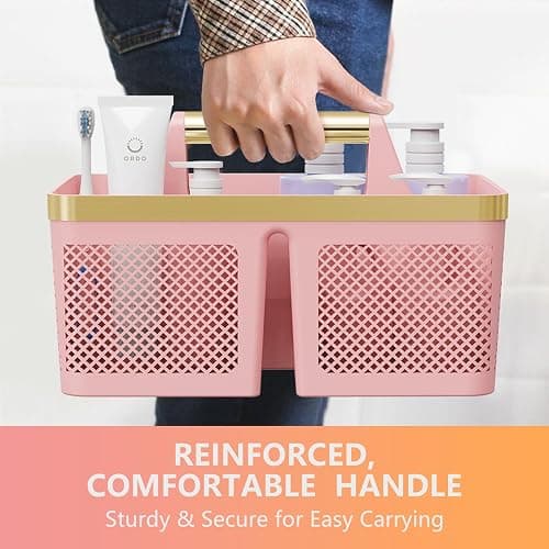 BYUNER Shower Caddy Dorm Plastic: Portable Bathroom Caddy Organizer with Handle and Holes, Cleaning Caddy, Hard Shower Basket Storage Tote for Toiletry, College Dorm Room Essentials Pink/Gold thumbnail 7