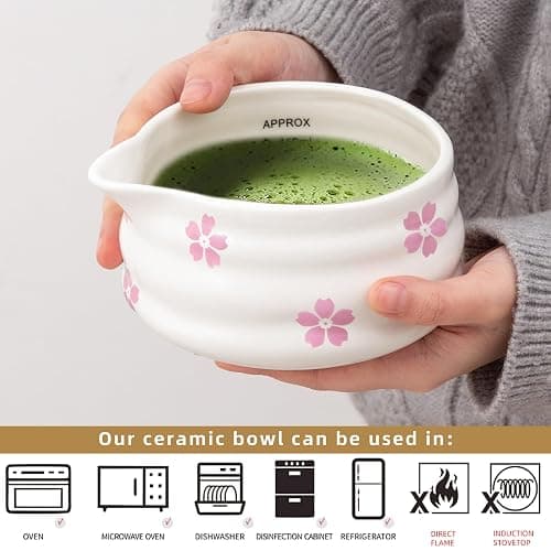 YumiPLUS 2pcs Matcha Bowl with Whisk Holder, Ceramic Cherry Blossom Matcha Bowl with Spout, 16.5OZ Porcelain Bowl with Measurement Marks,Tea Mixing Bowl with Whisk Stand, Matcha Gift (sakura) thumbnail 5