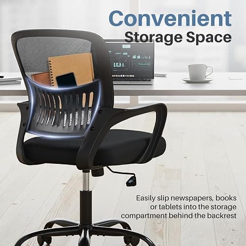 DUMOS Home Office Computer Chair - Ergonomic Mid Back Desk with Lumbar Support and Rocking Mode, Height Adjustable with Fixed Armrest, for Conference Meeting Room, 360° Swivel, Adults, Black thumbnail 7